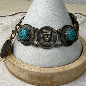 Vintage 50s Egyptian Revival Silver Metal Turquoise Pharaoh Coin Panel Bracelet